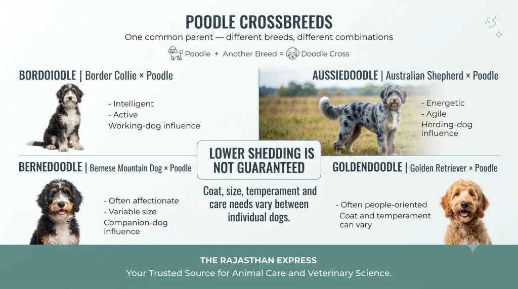 Poodle crossbreeds infographic. Poodle + Another Breed = Doodle Cross. Compares Bordoodle (Border Collie x Poodle – intelligent, active, working-dog influence), Aussiedoodle (Australian Shepherd x Poodle – energetic, agile, herding-dog influence), Bernedoodle (Bernese Mountain Dog x Poodle – often affectionate, variable size, companion-dog influence), and Goldendoodle (Golden Retriever x Poodle – often people-oriented, coat and temperament can vary). Text: Lower shedding is not guaranteed. Coat, size, temperament and care needs vary between individual dogs.