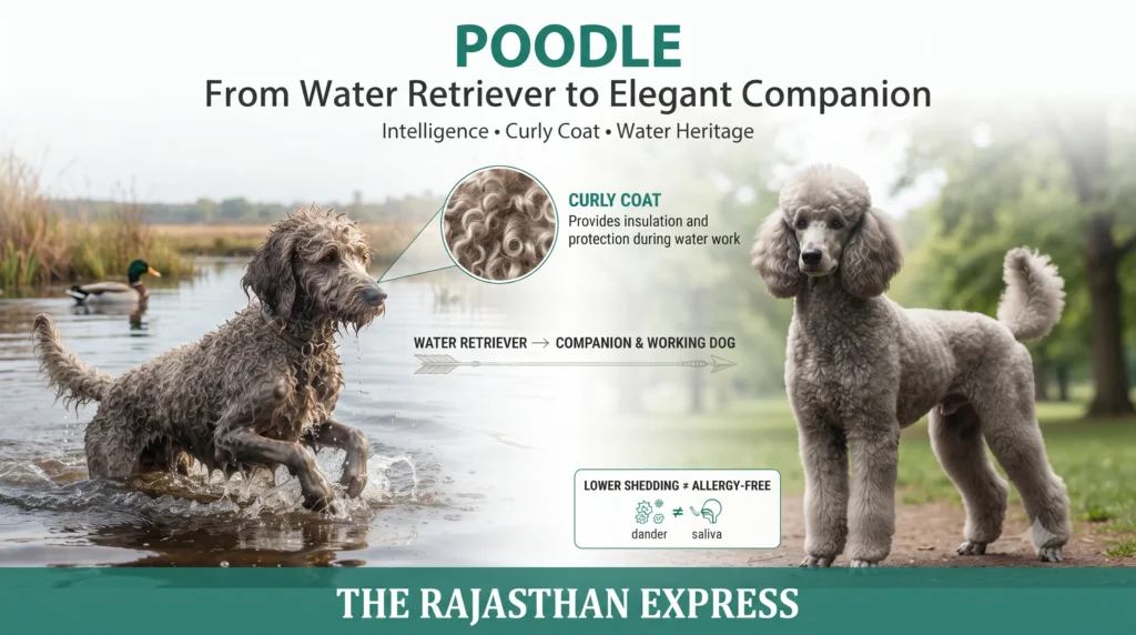 Poodle history infographic showing its transition from water retriever to elegant companion. Features a Poodle retrieving in water, its curly coat for insulation and protection, and text explaining its intelligence and water heritage. Note: Lower shedding ≠ allergy-free.