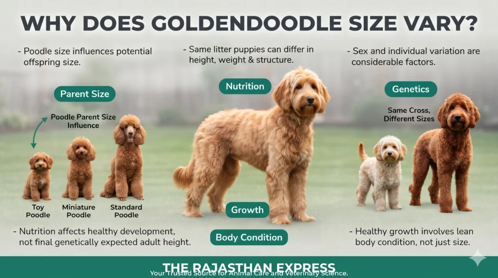 Infographic explaining why Goldendoodle size varies. Factors include: Parent Size (Toy Poodle = smaller potential, Miniature = intermediate, Standard = larger potential), Genetics (same cross, different sizes), Nutrition (affects healthy development, not final adult height), Growth, and Body Condition. Addresses goldendoodle size by generation.