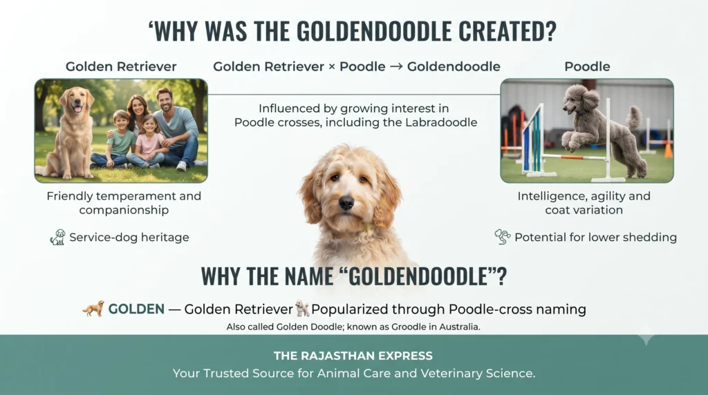 Discover why the Goldendoodle was created. Golden Retriever x Poodle. Learn about their friendly temperament, service-dog heritage, intelligence, agility, coat variation, and lower shedding potential. What is a Goldendoodle? The Rajasthan Express.